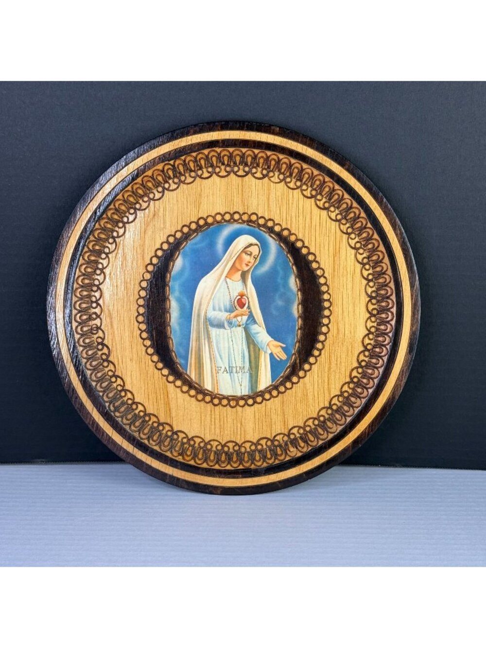Vintage Pyrography Our Lady Of Fatima Round Wood Plaque Wall Decor